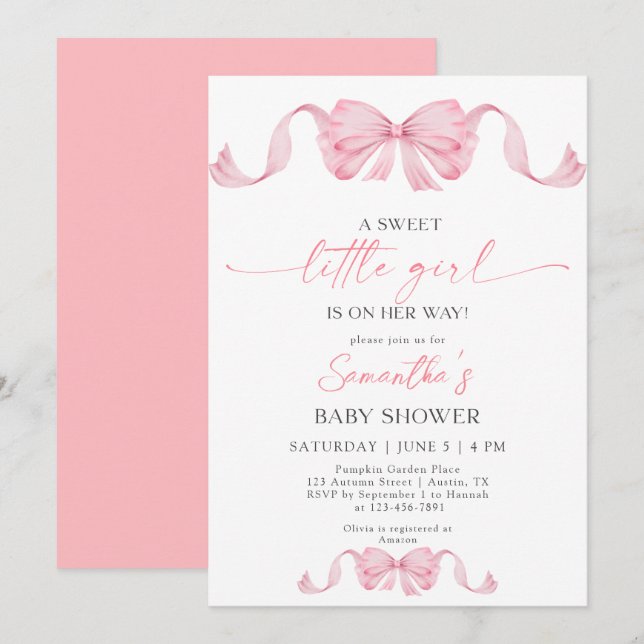 ASweet Little Girl Coquette Bow Border Baby Shower Einladung (Vorne/Hinten)