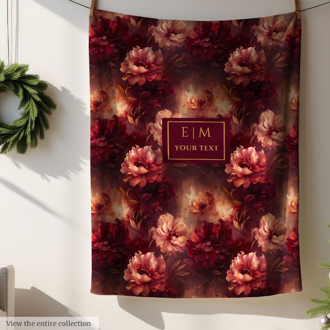 Atemberaubend Blush Burgund Gold Floral Wasserfarb Fleecedecke (Stunning Blush Burgundy Gold Floral Watercolor Fleece Blanket )