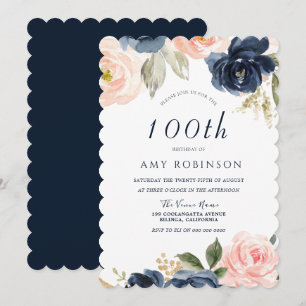 Atemberaubend Blush & Navy Floral 100. Geburtstags Einladung