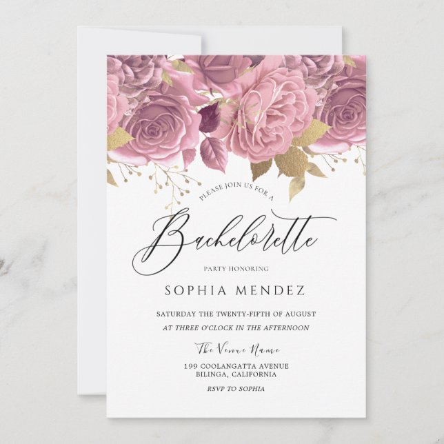 Atemberaubend Blush Pink Floral Gold Junggeselinne Einladung (Vorderseite)
