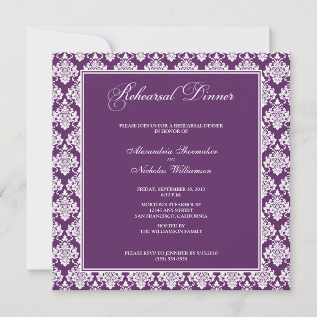Atemberaubend Damask Probe Dinner Einladung (lila) (Vorderseite)