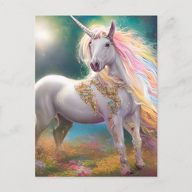 Atemberaubend Magisches Ganzkörper Weißes Einhorn Postkarte (Vorderseite)