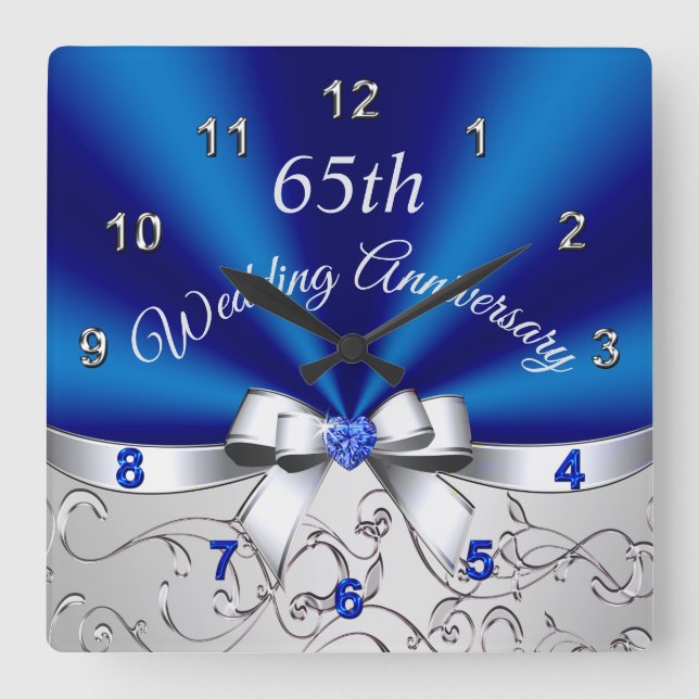 Atemberaubend Sapphire Blue 65 Jahre Jubiläum Gesc Quadratische Wanduhr (Vorderseite)