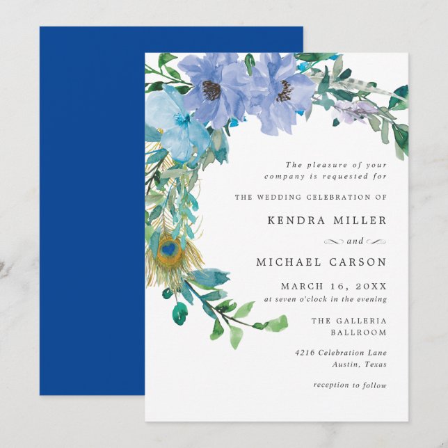 Atemberaubend Sapphire Blue Floral Wedding Einladu Einladung (Vorne/Hinten)