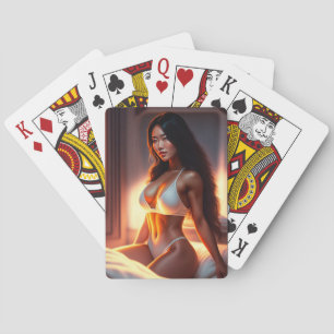 Atemberaubende asiatische Frau spielt Karten Spielkarten