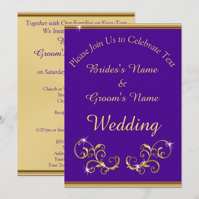 Atemberaubende königliche Lila- und Goldhochzeit Einladung (Vorne/Hinten)