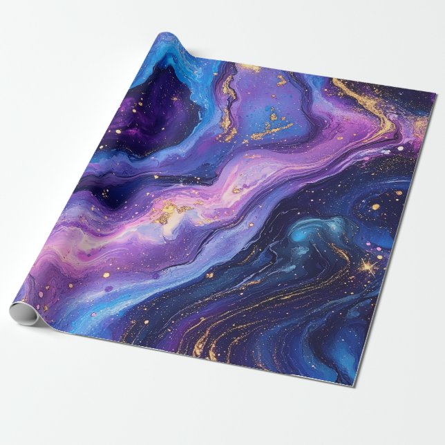 Atemberaubende Lila Blue Magenta Gold Galaxie Geschenkpapier (Ungerollt)