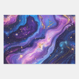 Atemberaubende Lila Blue Magenta Gold Galaxie Geschenkpapier Set