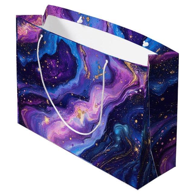 Atemberaubende Lila Blue Magenta Gold Galaxie Große Geschenktüte (Rückseite Schrägansicht)