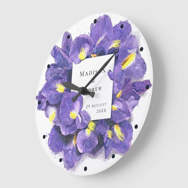 Atemberaubende Lila Irisfarben-Blumenhochzeit Große Wanduhr (Winkel)