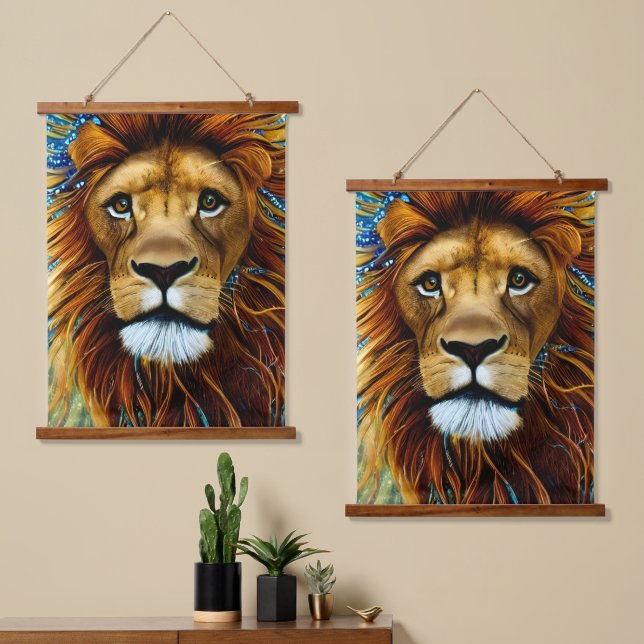 Atemberaubende Lion Wandteppich Mit Holzrahmen (Asymmetrisch)