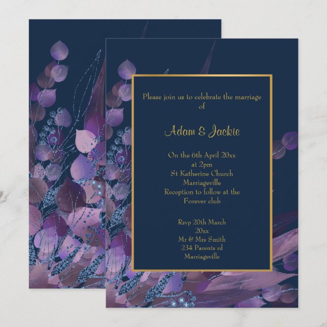 ATEMBERAUBENDE NAVY LILA EUCALYPTUS WEDDING CUSTOM EINLADUNG (Vorne/Hinten)