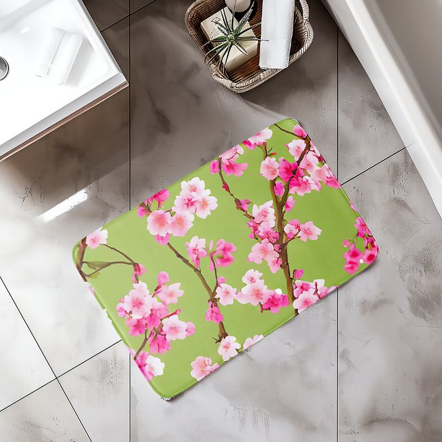 Atemberaubende rosa Kirschblüten in Chartreuse Gre Badematte (Beautiful Pink Cherry Blossoms on Chartreuse Bath Mat)