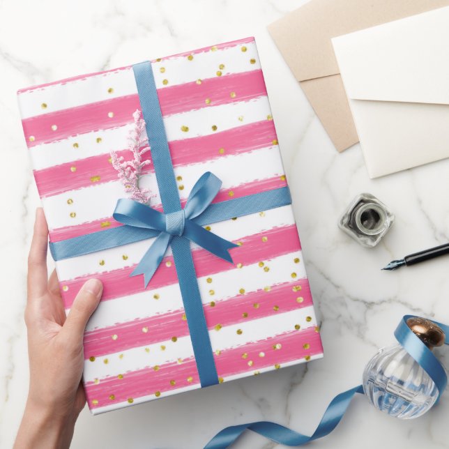 Atemberaubende Rosa Streifen und Gold Glitzer Girl Geschenkpapier (Schenken)