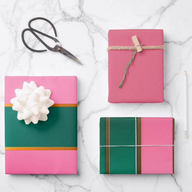 Atemberaubende rosa und grüne moderne Streifen Geschenkpapier Set (Vorderseite)