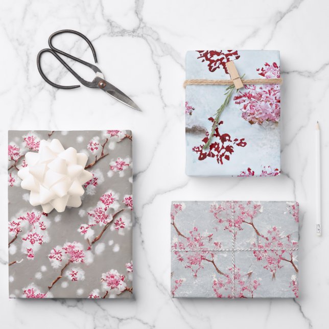 Atemberaubende Rosa- und Silberkirschblüten drucke Geschenkpapier Set (Vorderseite)