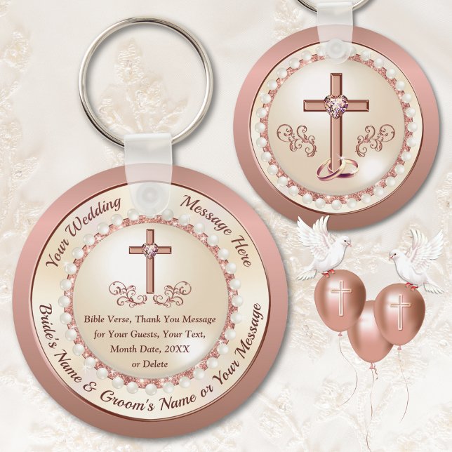 Atemberaubende Rose Gold, Christliche Gastgeschenk Schlüsselanhänger (Christian wedding favors for guests. Rose Gold and Champagne Wedding Theme. Elegant baptism favors.)