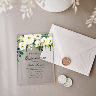Atemberaubende weiße Blume Quinceanera 15. Geburts Acryleinladungen