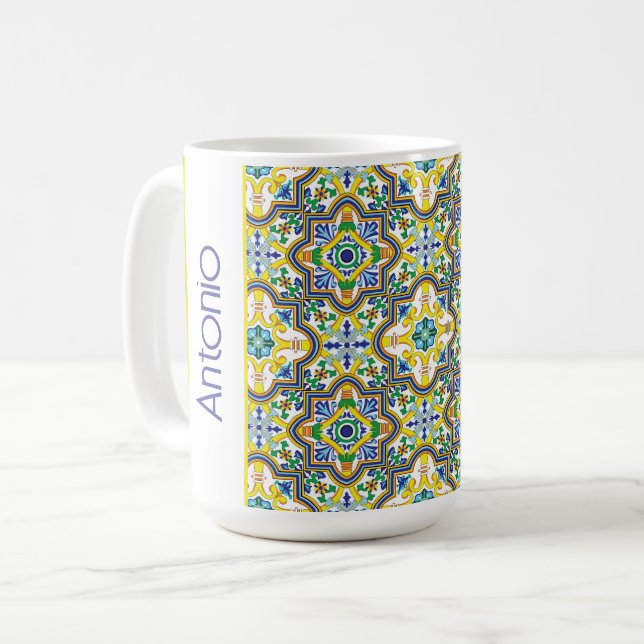 💛 💙 💚 Atemberaubenden, blauen und gelben Azulej Kaffeetasse (Vorderseite Links)