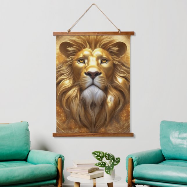 Atemberaubender Gold Lion Head Wandteppich Mit Holzrahmen (Wohnzimmer)