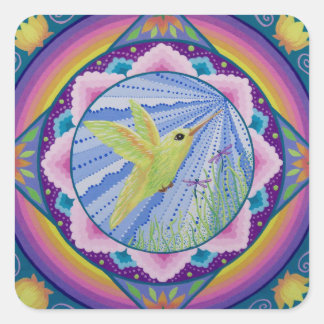 atemberaubender Grün- und Goldkolibri Mandala Quadratischer Aufkleber