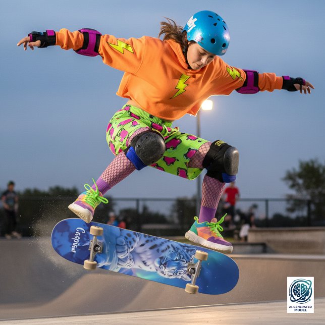 Atemberaubender Schneeleopard auf dem Felsen Skateboard (Snow Leopard on Snowy Mountain Outcropping Skateboard Cover Photo)