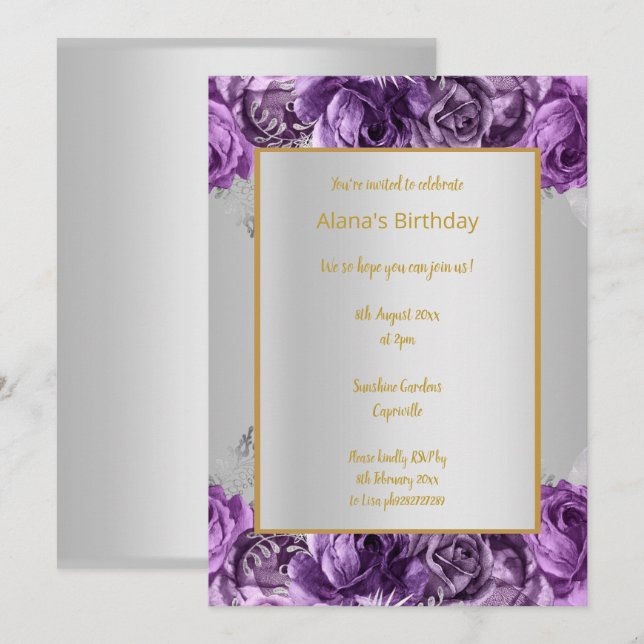 ATEMBERAUBENDER SILBER- UND LILA BLUMENPATTER GEBU EINLADUNG (Vorne/Hinten)