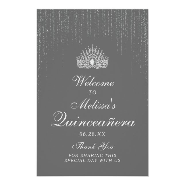 Atemberaubender Silver Glitzer Quinceanera Begrüßu Poster (Vorderseite)