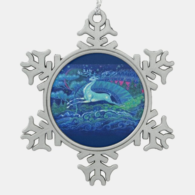 Atemberaubender Vintager russischer Reindeer Schneeflocken Zinn-Ornament (Vorderseite)