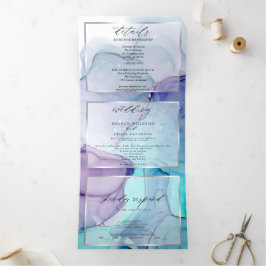 Atemberaubendes Aqua Violet Abstrakte Tinte Tri-Fo Dreifach Gefaltete Einladung