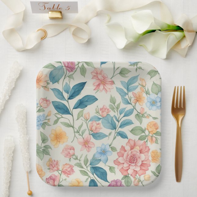 Atemberaubendes Blau und Rosa Blumendesign Pappteller (Hochzeit)