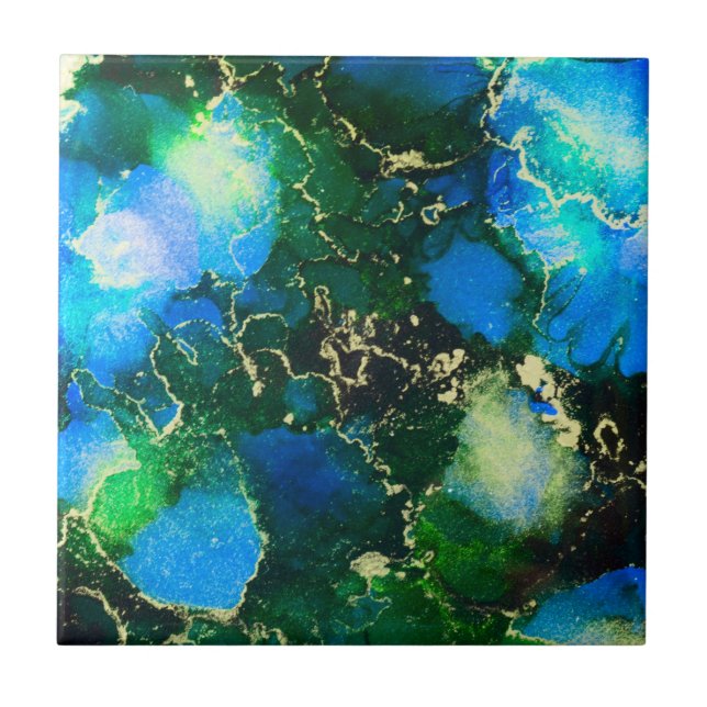 Atemberaubendes Blue and Gold Alcohol Tinte Malere Fliese (Vorderseite)