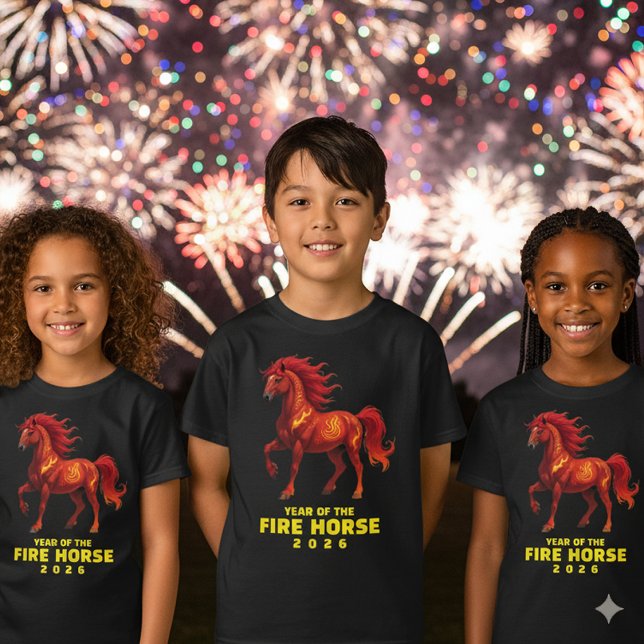 Atemberaubendes chinesisches Jahr des Feuerpferdes T-Shirt (Year of the Fire Horse 2026 Kids' T-Shirts Cover Photo)