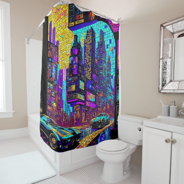 Atemberaubendes Mosaikglas Neon Cyberpunk Stadt Duschvorhang (Beispiel)