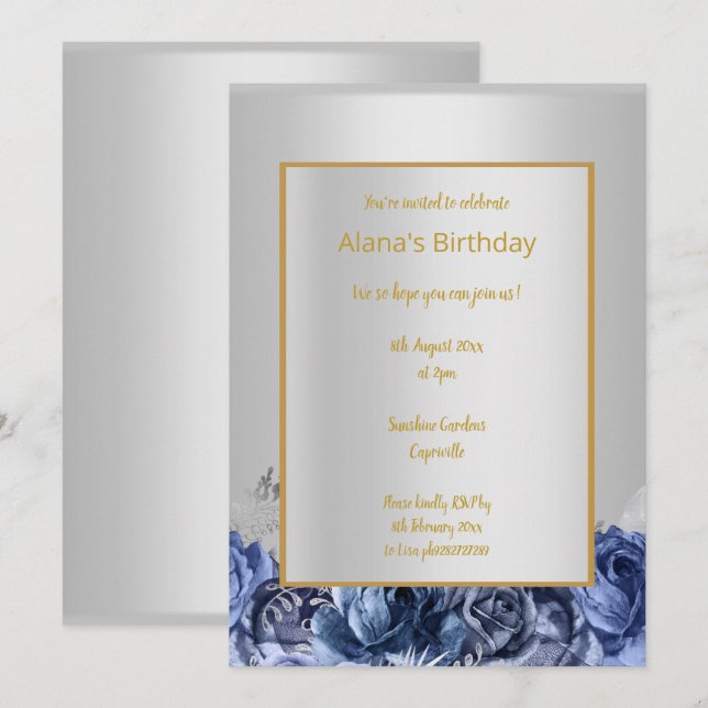 ATEMBERAUBENDES SILVER- & BLUE-FLORALPATTER GANZ G EINLADUNG (Vorne/Hinten)