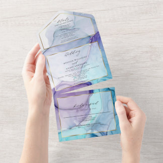 Atemberaubendes Violet Aqua Abstrakt Tinte All In One Einladung