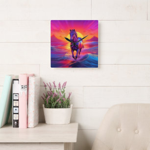 Atembermende Kunst eines Pferdes bei Sonnenunterga Quadratische Wanduhr