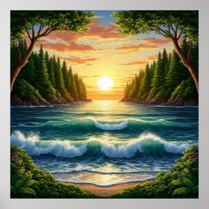 Atemberregender Sonnenaufgang über den Ozeanwellen Poster