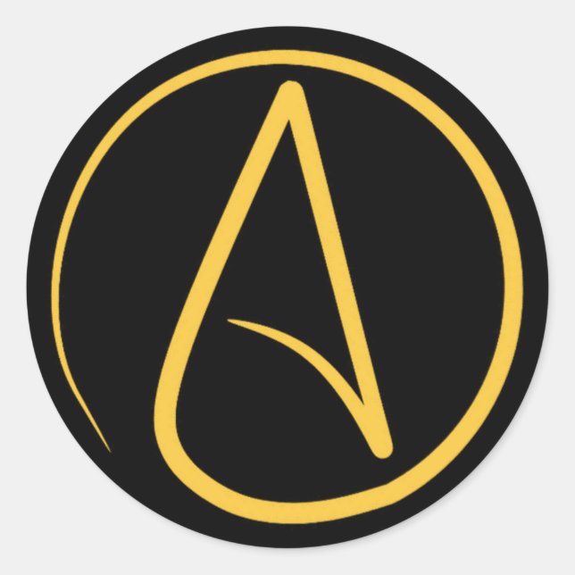 Atheist-Symbol: gelb auf schwarz Runder Aufkleber (Vorderseite)