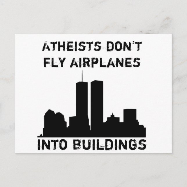 Atheisten fliegen keine Flugzeuge in Gebäude Postkarte (Vorderseite)