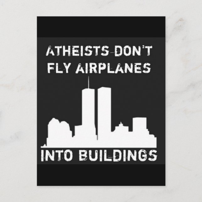 Atheisten fliegen keine Flugzeuge in Gebäude Postkarte (Vorderseite)