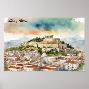 Athen Griechenland Aquarellmalerei Panoramasicht Poster