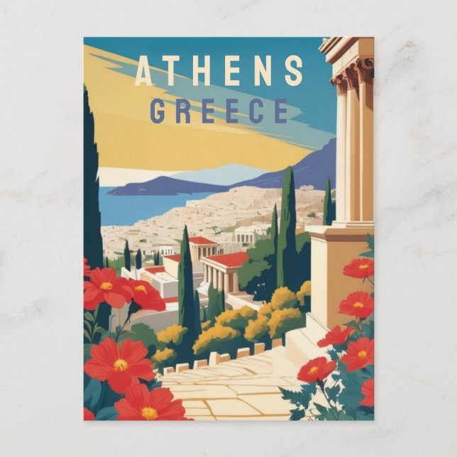 Athen Griechenland Reisen Kunst mit Roten Blume Postkarte (Vorderseite)