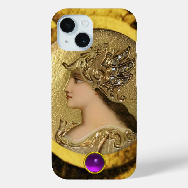 ATHENA MIT FANTASY GRIFFINS UND LILA GEMSTONE iPhone 15 HÜLLE (Rückseite)