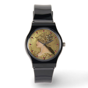 ATHENA PORTRAIT MIT GOLDEN HELMET,GRIFFINEN, RUBY ARMBANDUHR