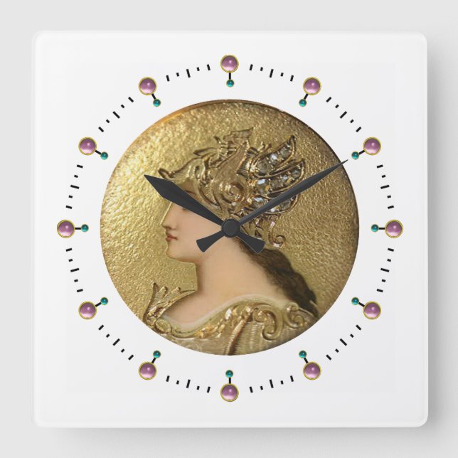 ATHENA PORTRAIT WITH GOLDEN HELMET AND GRYPHONS QUADRATISCHE WANDUHR (Vorderseite)