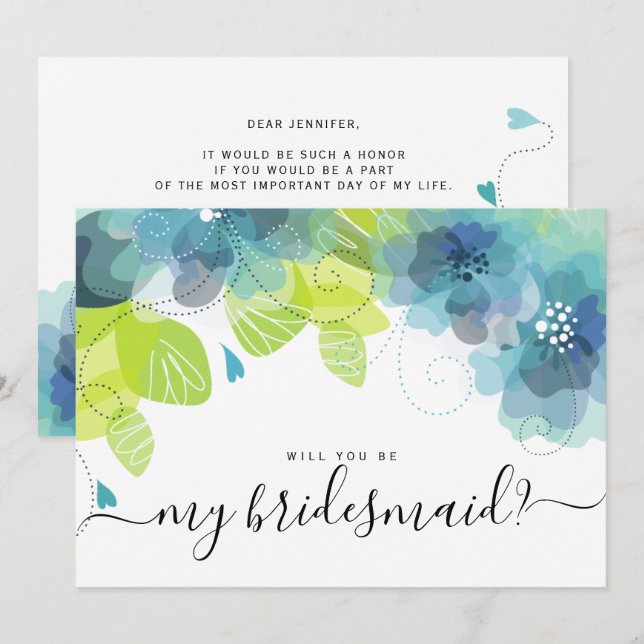 Ätherisch blaue Blumen werden meine Brautjungfrau  Einladung (Vorne/Hinten)