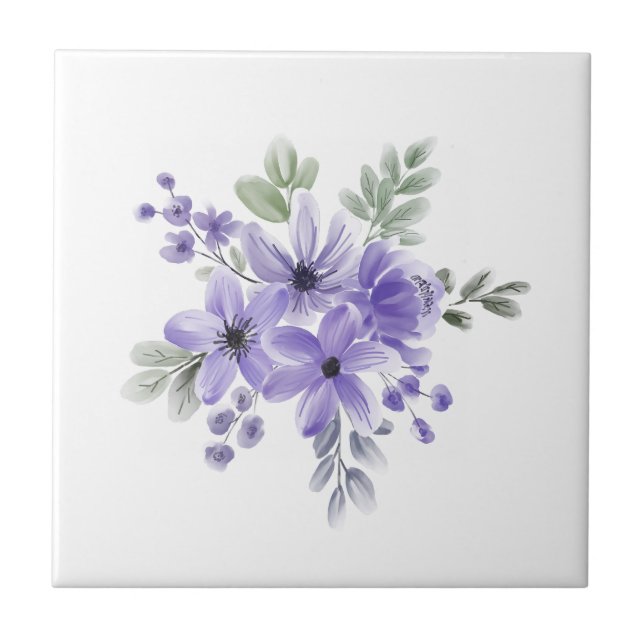 "Ätherische Blüten: Lila Aquarellfarben-Blume Bouq Fliese (Vorderseite)