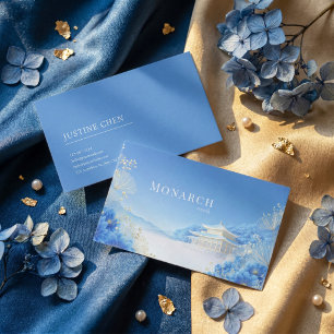 Ätherische Chinoiserie Blaue Blumige Pagodenlandsc Visitenkarte