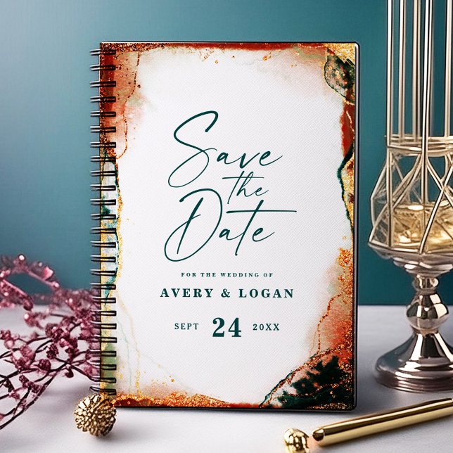 Ätherische, dunkle Hochzeit im Herbst- und Aquamar Planer (Teal and Copper Abstract Wedding Save the Date)